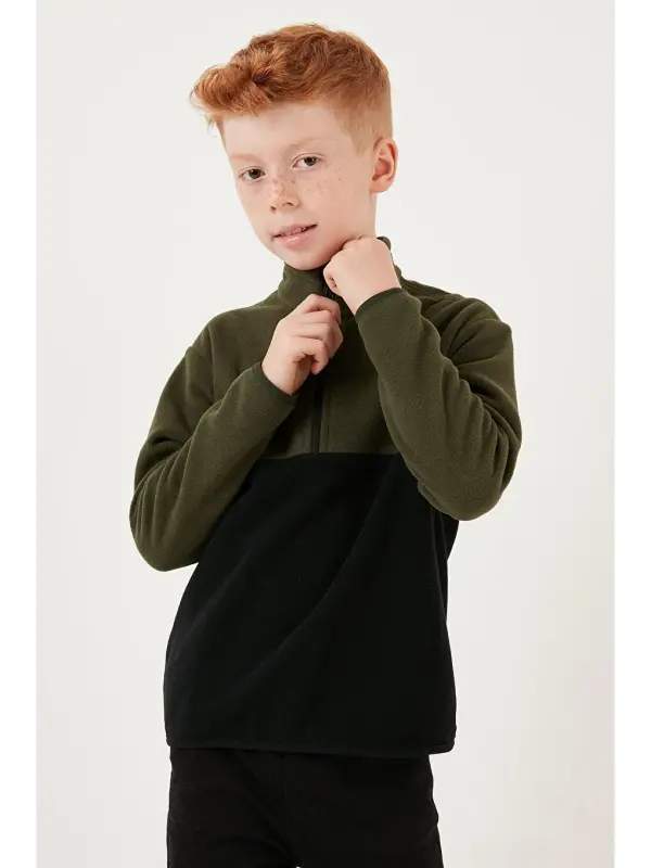 Soft Touch Half Zipper Color Block Stand-up Collar Fleece 5905004-Khaki - 3