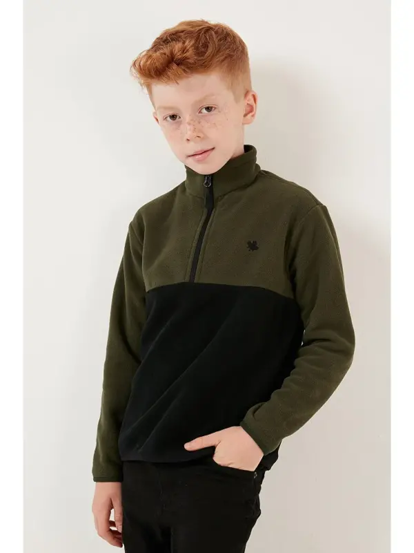 Soft Touch Half Zipper Color Block Stand-up Collar Fleece 5905004-Khaki - 4