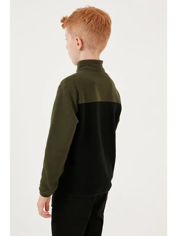 Soft Touch Half Zipper Color Block Stand-up Collar Fleece 5905004-Khaki - 5