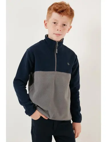 Soft Touch Half Zipper Color Block Stand-up Collar Fleece 5905004-Navy Blue - 1