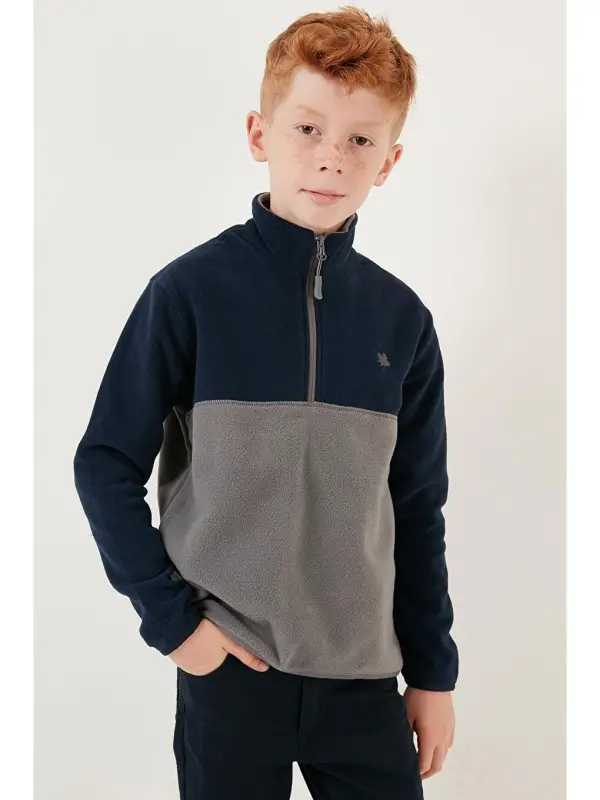 Soft Touch Half Zipper Color Block Stand-up Collar Fleece 5905004-Navy Blue - 1