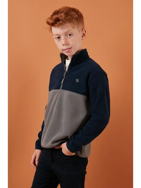 Soft Touch Half Zipper Color Block Stand-up Collar Fleece 5905004-Navy Blue - 2