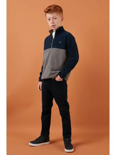 Soft Touch Half Zipper Color Block Stand-up Collar Fleece 5905004-Navy Blue - 3