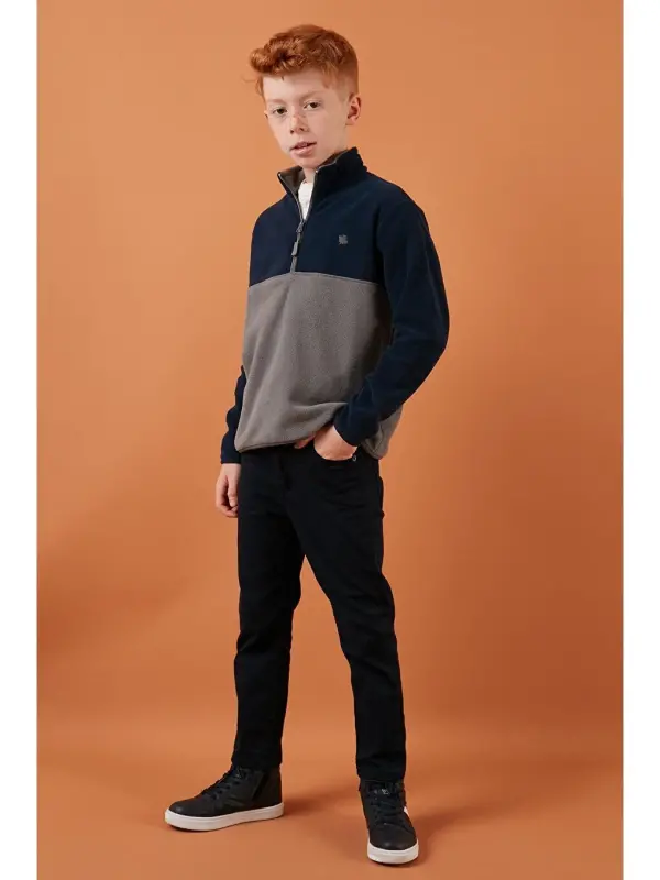 Soft Touch Half Zipper Color Block Stand-up Collar Fleece 5905004-Navy Blue - 3