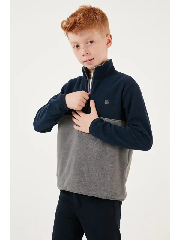 Soft Touch Half Zipper Color Block Stand-up Collar Fleece 5905004-Navy Blue - 4