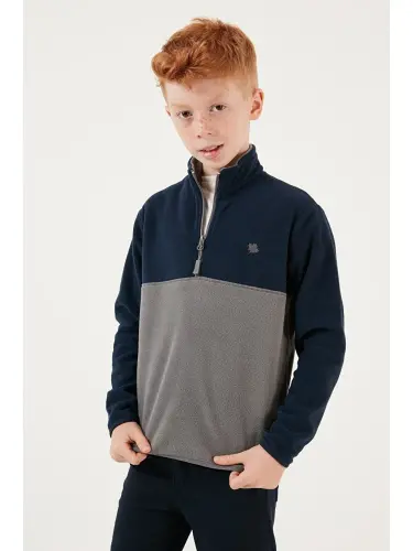 Soft Touch Half Zipper Color Block Stand-up Collar Fleece 5905004-Navy Blue - 5