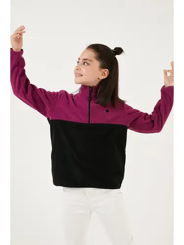 Soft Touch Half Zipper Color Block Stand-Up Collar Fleece 5905004-Purple - 1