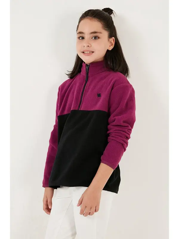 Soft Touch Half Zipper Color Block Stand-Up Collar Fleece 5905004-Purple - 2