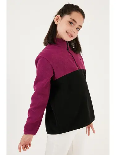 Soft Touch Half Zipper Color Block Stand-Up Collar Fleece 5905004-Purple - 3