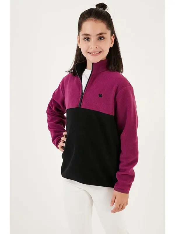 Soft Touch Half Zipper Color Block Stand-Up Collar Fleece 5905004-Purple - 4