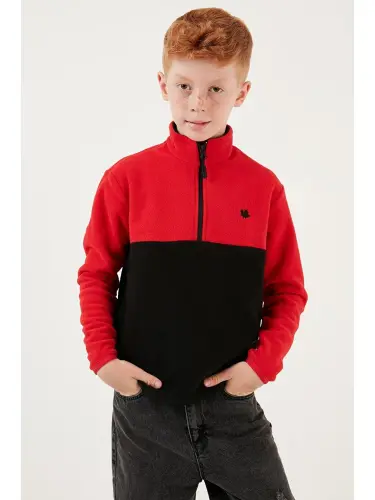 Soft Touch Half Zipper Color Block Stand-up Collar Fleece 5905004-Red - 1