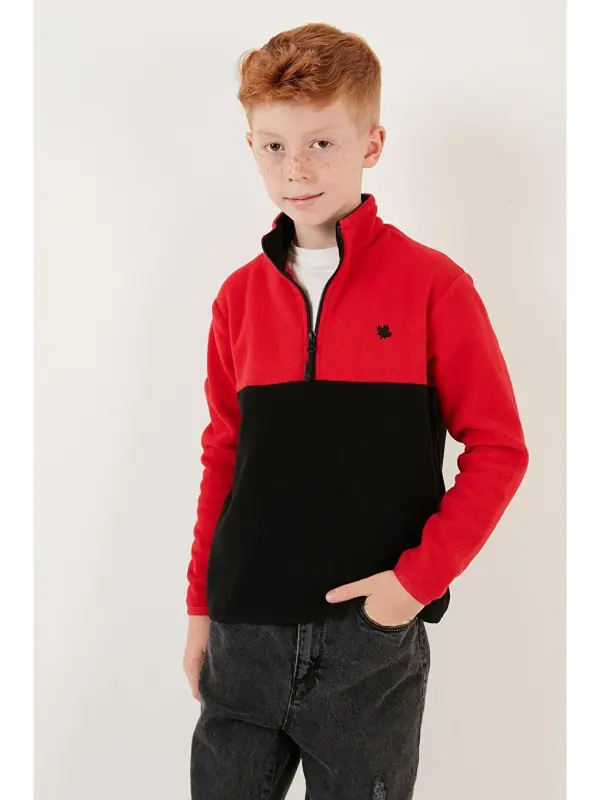 Soft Touch Half Zipper Color Block Stand-up Collar Fleece 5905004-Red - 2