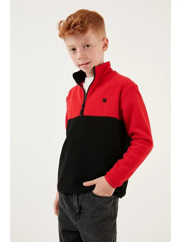 Soft Touch Half Zipper Color Block Stand-up Collar Fleece 5905004-Red - 4