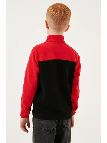 Soft Touch Half Zipper Color Block Stand-up Collar Fleece 5905004-Red - 5