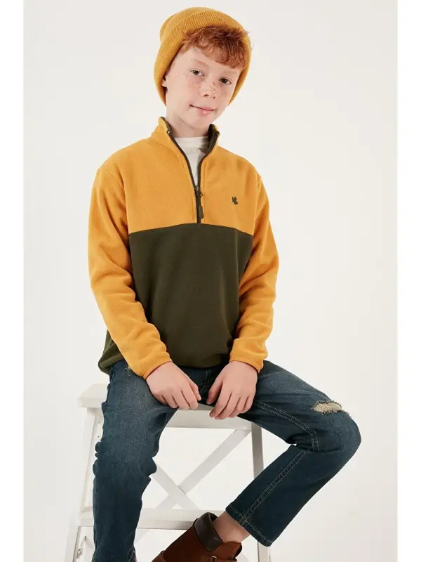 Soft Touch Half Zipper Color Block Stand-up Collar Fleece 5905004-Yellow - 2