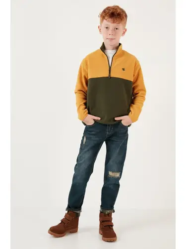 Soft Touch Half Zipper Color Block Stand-up Collar Fleece 5905004-Yellow - 4