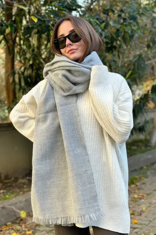 Soft Touch Popuk Tafsilotli Uzun Sharf - Kulrang Melanj - 3