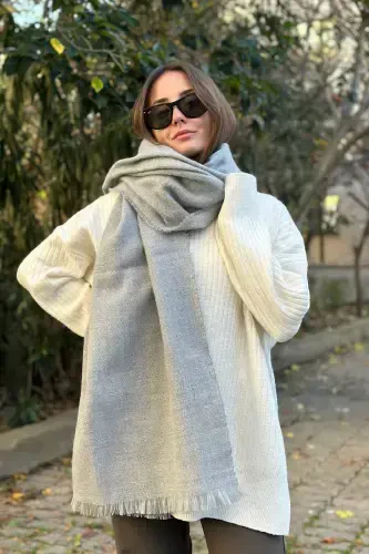 Soft Touch Popuk Tafsilotli Uzun Sharf - Kulrang Melanj - 4