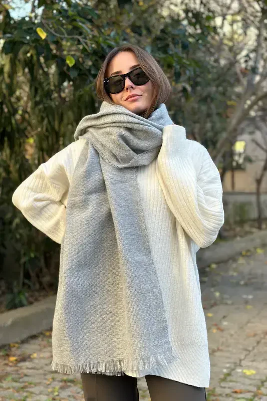 Soft Touch Popuk Tafsilotli Uzun Sharf - Kulrang Melanj - 4