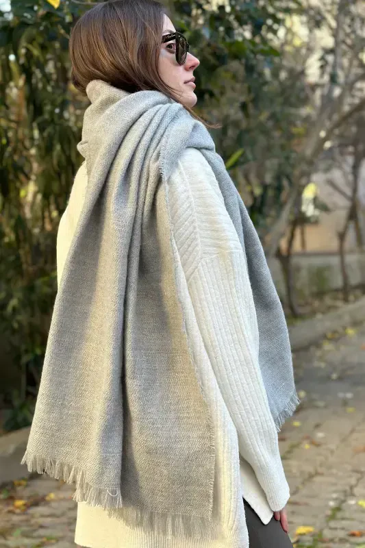 Soft Touch Popuk Tafsilotli Uzun Sharf - Kulrang Melanj - 5