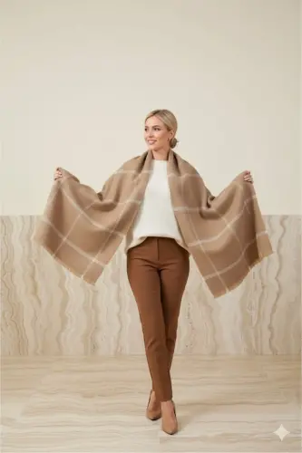 Soft Touch Püskül Detaylı Uzun Atkı-Camel Line - NOVON (1)