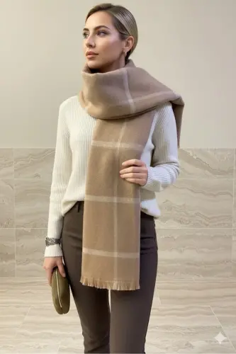 Soft Touch Püskül Detaylı Uzun Atkı-Camel Line - 1