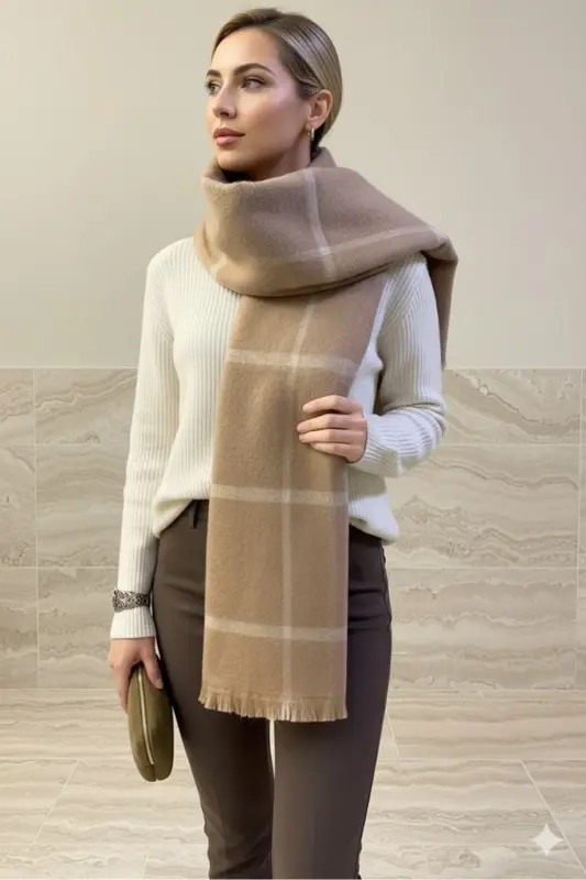 Soft Touch Püskül Detaylı Uzun Atkı - Camel Line - NOVON