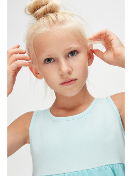 Soft Turkuaz-Saks Kız Çocuk Renkli Kat Kat Büzgülü Askılı Elbise-Turkuaz - 3