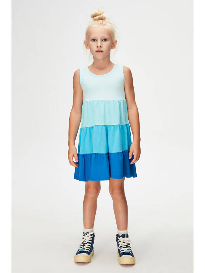 Soft Turquoise-Fuchsia Girls' Colorful Layered Ruffled Tank Dress-Turquoise - 1