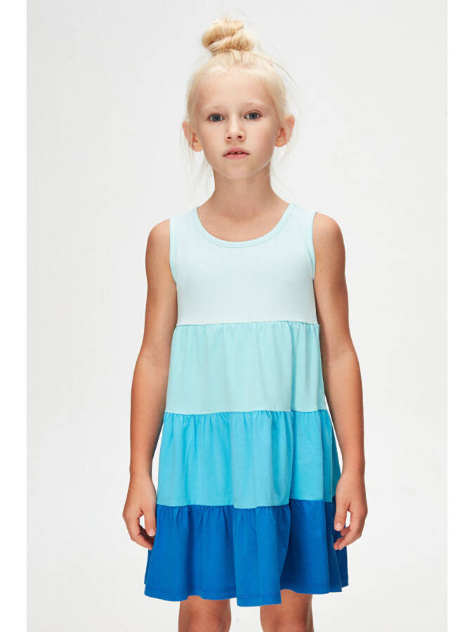 Soft Turquoise-Fuchsia Girls' Colorful Layered Ruffled Tank Dress-Turquoise - 2