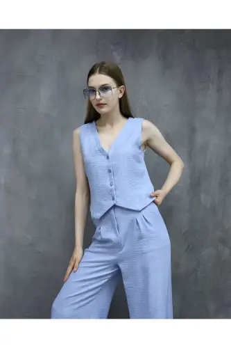Sofya Keten Cepli Yelekli Pantolon İkili Takım-Mavi - 1