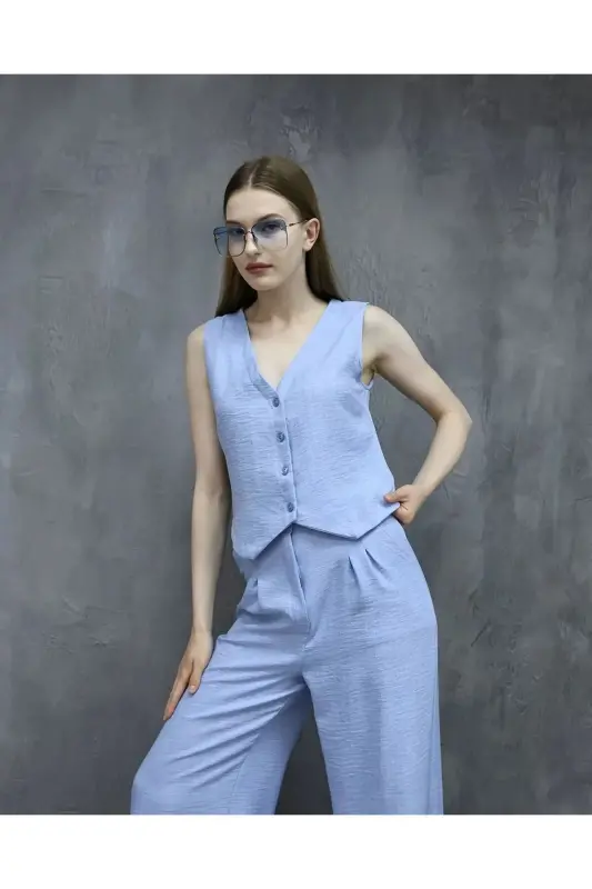 Sofya Keten Cepli Yelekli Pantolon İkili Takım-Mavi - 1