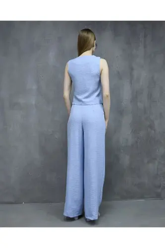 Sofya Keten Cepli Yelekli Pantolon İkili Takım-Mavi - 3