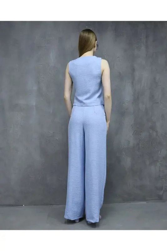 Sofya Keten Cepli Yelekli Pantolon İkili Takım-Mavi - 3