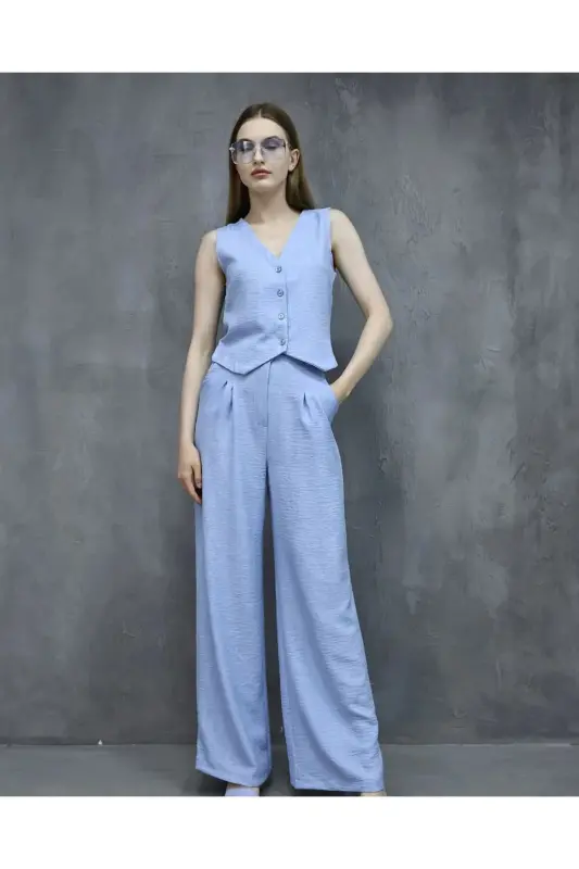 Sofya Keten Cepli Yelekli Pantolon İkili Takım-Mavi - 4