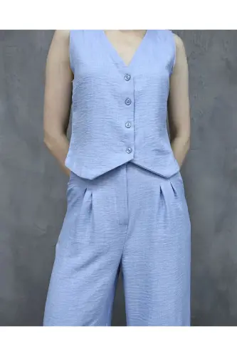 Sofya Keten Cepli Yelekli Pantolon İkili Takım-Mavi - 5