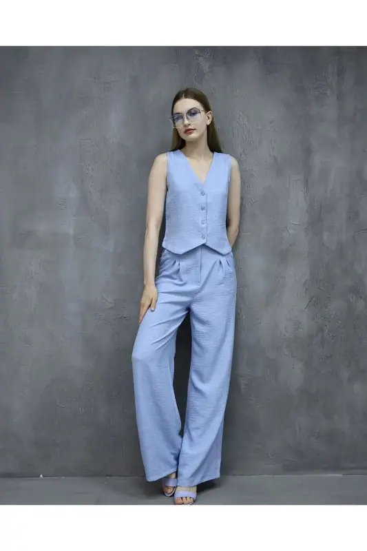 Sofya Keten Cepli Yelekli Pantolon İkili Takım-Mavi - 6