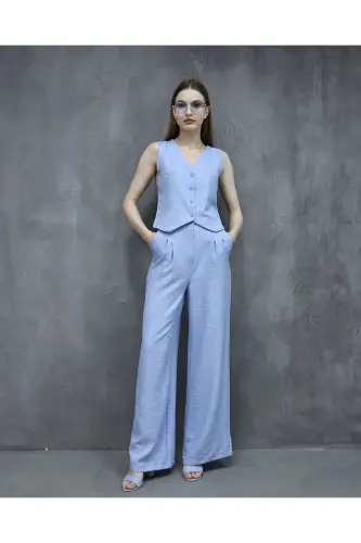 Sofya Keten Cepli Yelekli Pantolon İkili Takım-Mavi - MITAY (1)