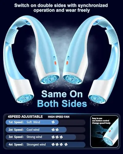 Rohent Rechargeable Neck Fan for Cooling: Powerful High Speed Battery Operated Fan 4 Speeds Long Battery Life - Lightweight USB Rechargeable Wearable Fan for Outdoor Indoor - Blue - 5