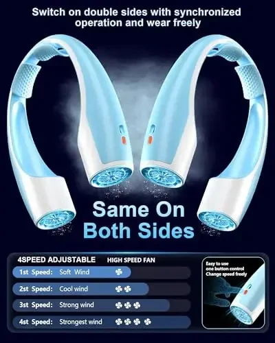 Rohent Rechargeable Neck Fan for Cooling: Powerful High Speed Battery Operated Fan 4 Speeds Long Battery Life - Lightweight USB Rechargeable Wearable Fan for Outdoor Indoor - Blue - 5