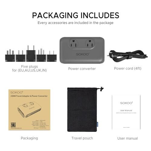 SOKOO 230-Watt Step Down 100-220V to 110V Voltage Converter, International Power Converter/Travel Adapter- Use for EU/UK/AU/US/India More Than 150 Countries, USB Quick Charger 3.0 Grey - 5