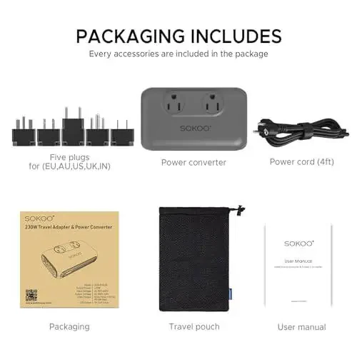 SOKOO 230-Watt Step Down 100-220V to 110V Voltage Converter, International Power Converter/Travel Adapter- Use for EU/UK/AU/US/India More Than 150 Countries, USB Quick Charger 3.0 Grey - 5