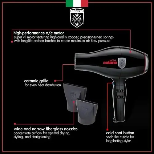 Solano Moda Fast Drying 2-Speed Ionic Hair Dryer -1750 Watt + Internal | Ionic far-infrared, reduces frizz, adds shine, cuts drying time, super solano hair dryer, italian-made - 3