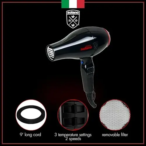 Solano Moda Fast Drying 2-Speed Ionic Hair Dryer -1750 Watt + Internal | Ionic far-infrared, reduces frizz, adds shine, cuts drying time, super solano hair dryer, italian-made - 6