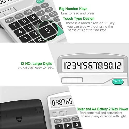 Solar & AA Battery Dual Power Electronic Calculator - 12-Digit Large Display (2 Basic Black & 1 Updated Silver) - 3