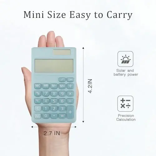 Solar Calculator,Mini Calculator Basic Calculators School for Students Pocket Calculators Blue Office Gadgets Office Supplies for Women Men - YRITIOA (1)
