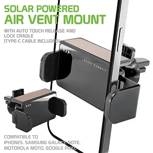 Solar Powered Air Vent Mount with 360 Degree Rotation, Auto Touch Release and Lock Cradle Compatible to iPhones Samsung Galaxy, Android Smartphones (Compact Air Vent) - 6
