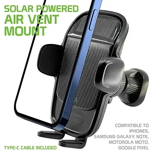 Solar Powered Air Vent Mount with 360 Degree Rotation, Auto Touch Release and Lock Cradle Compatible to iPhones Samsung Galaxy, Note, Motorola Moto, Google Pixel (Full Size Air Vent) - 7