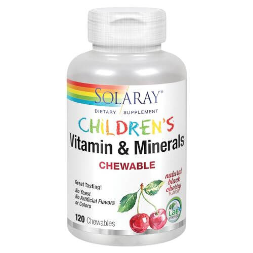 SOLARAY Bolalar uchun vitaminlar va minerallar Kompleks multivitamin Bolalar uchun Ajoyib qora gilos ta'mi (076280047974) (120 ta shakarlamalar, 60 ta xizmat qilish) - 1