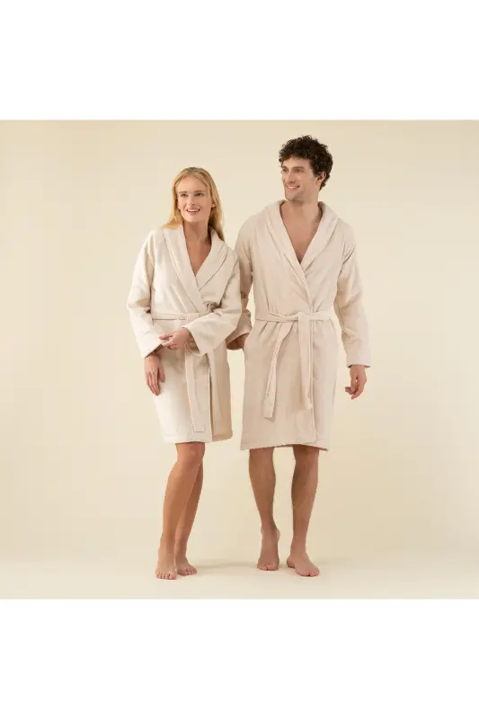 Solid Unisex Bathrobe Beige-BEIGE - 1